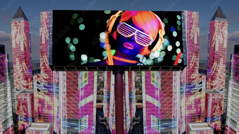 Poster city with overlayed code and data and billboard with disco dancer