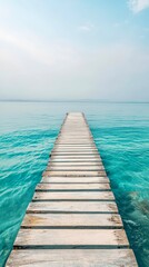 Fototapeta premium Wooden pier turquoise lake with mist calm water landscape scene