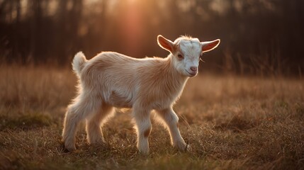 Obraz premium A young goat stands in a field at golden hour radiating joy and playfulness The scene captures rural innocence