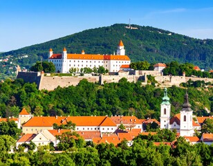 Panoramic view of a European city with a castle