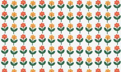 Cheerful pattern of small red and orange flowers with green stems on a white background