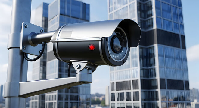 A security camera is mounted on a pole outdoors, likely monitoring a park or school or road