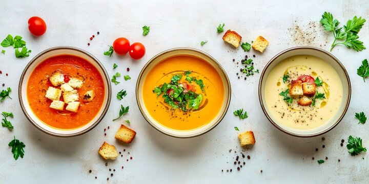 Flatlay of autumn soups in bowls rustic cozy warm seasonal dining