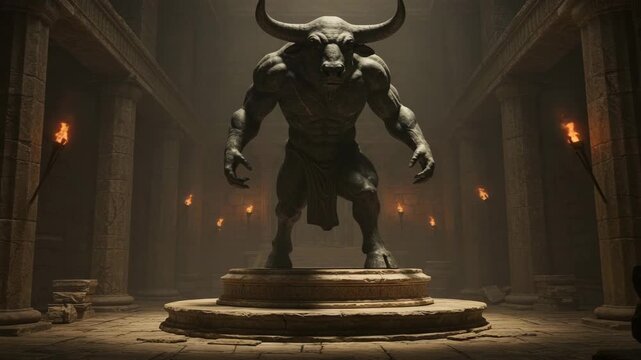 Bronze bull statue in ancient temple with dramatic lighting