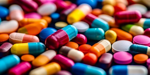 Assorted colorful capsules close up healthcare pharmaceutical background medical drugs
