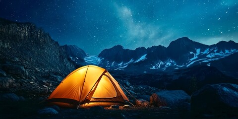 Beautiful night camping mountain scene with illuminated tent under stars