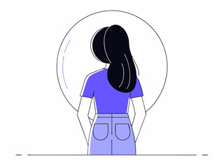 The Reflective Gaze: A solitary figure, rendered in modern vector illustration, finds herself lost in contemplation, peering into the depths of a mirrored reflection.