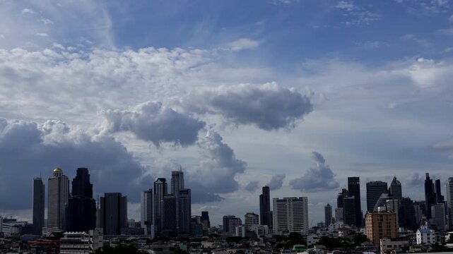 Time-lapse of fluffy white cumulus clouds drifting above the city skyscrapers on a clear blue sky day