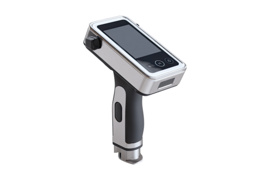 Portable handheld device with a rectangular screen and a handle