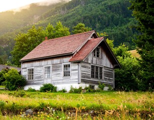Obraz premium A weathered, gray wooden house with a reddish-brown shingle roof sits nestled amongst lush greenery and a backdrop of misty mountains.