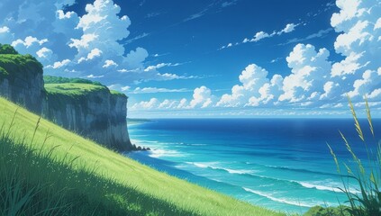 Anime aesthetic landscape ocean view cinematic composition