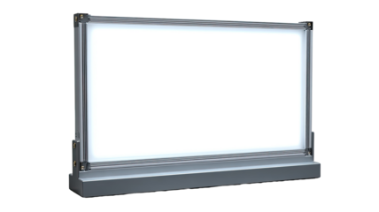 A blank, rectangular, illuminated display.  Mounted on a  gray base