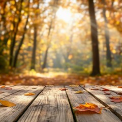 Wooden deck scattered autumn leaves seasonal tranquil forest