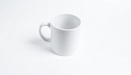 Obraz premium Empty White Ceramic Mug, Simple Design, Plain Background, Beverage Vessel, Coffee Cup, Tea Mug, Drin