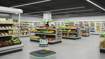 Modern supermarket interior showcasing robotic assistants among fresh produce and groceries