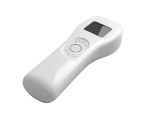 White handheld device with a small screen.  Compact, modern design, likely for data input or scanning