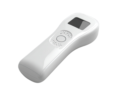 White handheld device with a small screen.  Compact, modern design, likely for data input or scanning