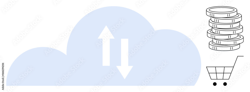 Poster cloud with up and down arrows, coin stack, shopping cart symbolize data exchange, e-commerce, cloud 