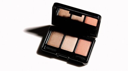 Eye shadow of seasonal trendy neutral,nude tone palette, fanned open on gradient minimalist background, captured from a top-down view with high contrast, highlighting clean lines, luxury aesthetics