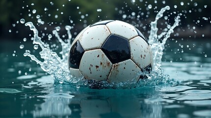 Fototapeta premium A soccer ball splashes into water creating a dynamic and refreshing aquatic scene with water droplets
