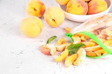 Frozen peaches in freezing bags