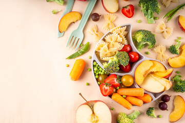 Baby finger food, various baby snacks, pasta, vegetables, fruits