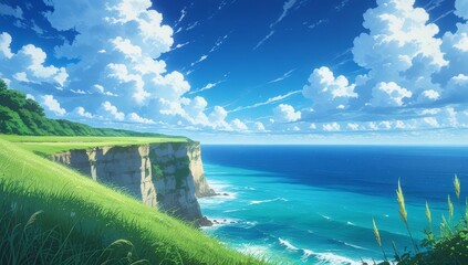 Anime aesthetic landscape ocean view cinematic composition