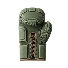 Naklejka premium Weathered deep forest green sparring glove of aged canvas with reinforced leather, hand-stitched seams, lying flat, palm up, isolated on transparent, concept of historical resilience in product