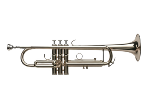 A gleaming silver trumpet musical instrument with three valves isolated on transparent background