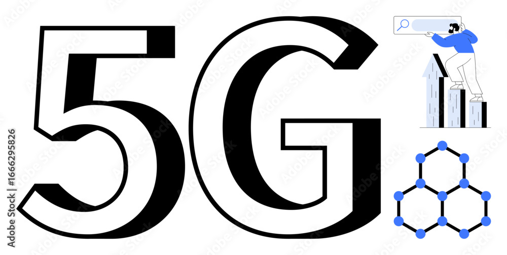 Poster bold 5g text, man analyzing data on a chart, molecule-thumbs up hexagonal structure. ideal for techn