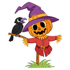 Funny Pumpkin Scarecrow Cartoon with Crow – Cute Halloween Character Illustration
