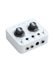 Compact white audio interface with two large knobs