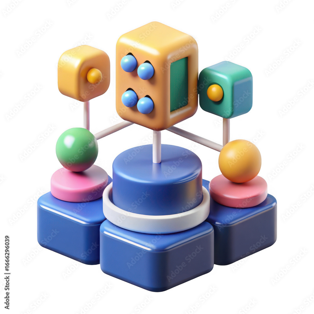 Poster colorful abstract geometric structure with spheres and cubes isolated on transparent background