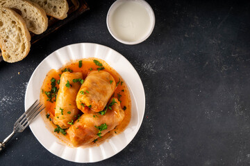 Cabbage rolls, stuffed golubtsi with meat and vegetable fillings