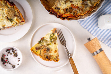 Vegan quich tart pie with various summer seasonal vegetables