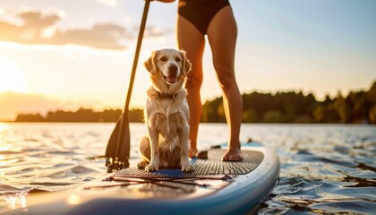 Paddle Boarding Adventure: A sun-kissed moment captured on a paddleboard as a dog and companion enjoy the serene water in harmony with nature.