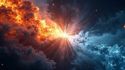 A cosmic collision of fire and ice creating a bright explosion in a nebula filled sky art
