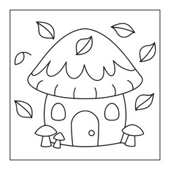 Outline Drawing of a Mushroom House Surrounded by Falling Leaves and Smaller Mushrooms illustration