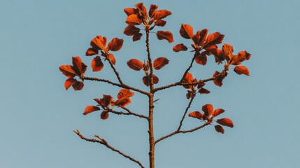 Artistic rendering of a tree with autumn leaves against a light blue sky evoking seasonal change