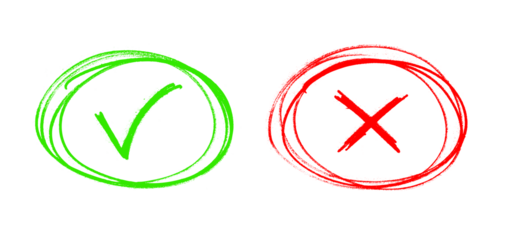Green Check Mark and Red Cross Hand Drawn Symbols, Correct and Wrong Signs, Sketch Style Validation Icons on White Background