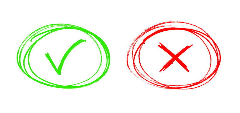 Green Check Mark and Red Cross Hand Drawn Symbols, Correct and Wrong Signs, Sketch Style Validation Icons on White Background - Powered by Adobe