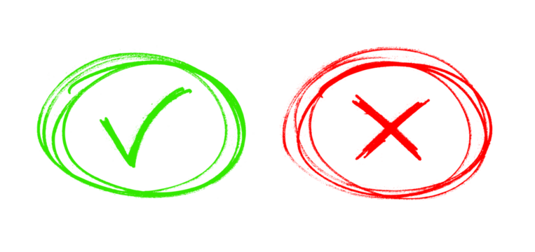 Green Check Mark and Red Cross Hand Drawn Symbols, Correct and Wrong Signs, Sketch Style Validation Icons on White Background