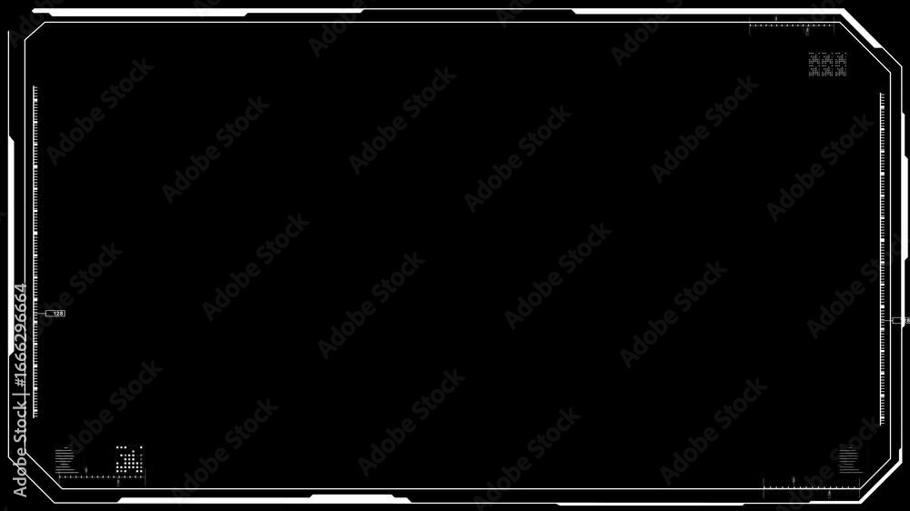 Poster high-tech digital interface frame featuring white minimal lines, grid markers. for video overlays, g