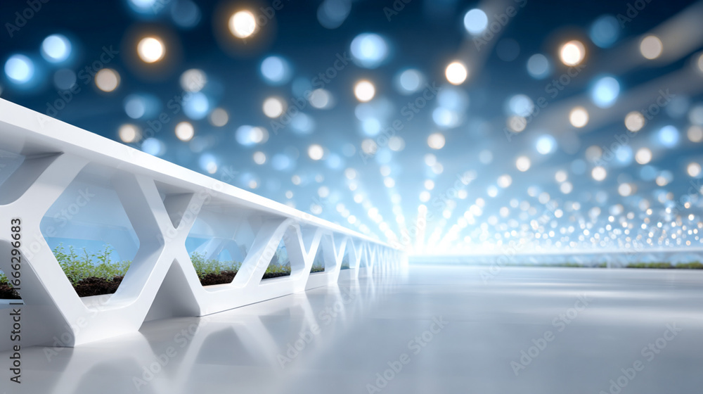 Poster futuristic architectural design featuring a sleek white structure with geometric patterns, illuminat