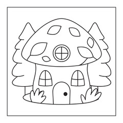 Whimsical Outline Illustration of a Mushroom House with Trees and Plants on a White Background fantasy