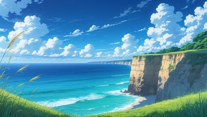 Anime aesthetic landscape ocean view cinematic composition