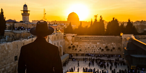 Obraz premium Man in a hat enjoying sunset view over ancient city Generative AI