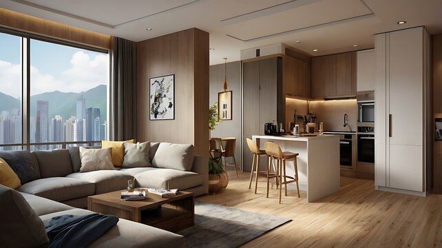 Hong Kong apartment 3D render, small space optimized design