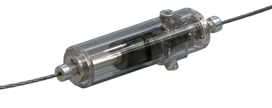 Transparent cylinder-shaped mechanical device with metal components and a cable
