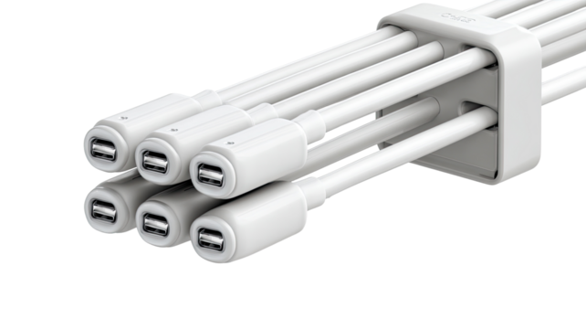 Multiple white USB cables clustered in a compact housing